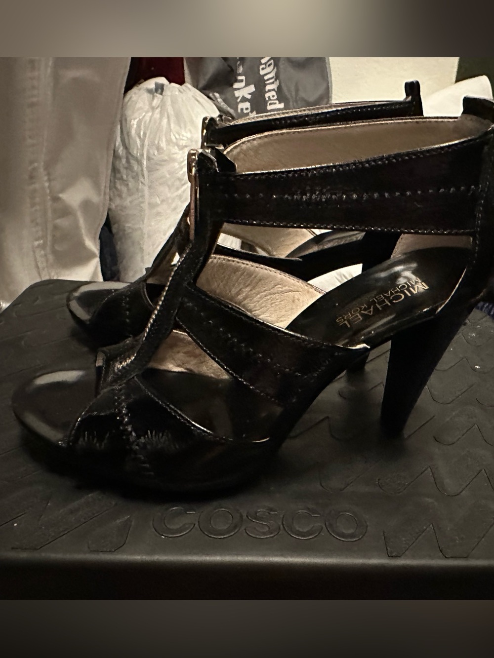 MICHAEL Michael Kors Black Patent T-Strap High Heel Sandals